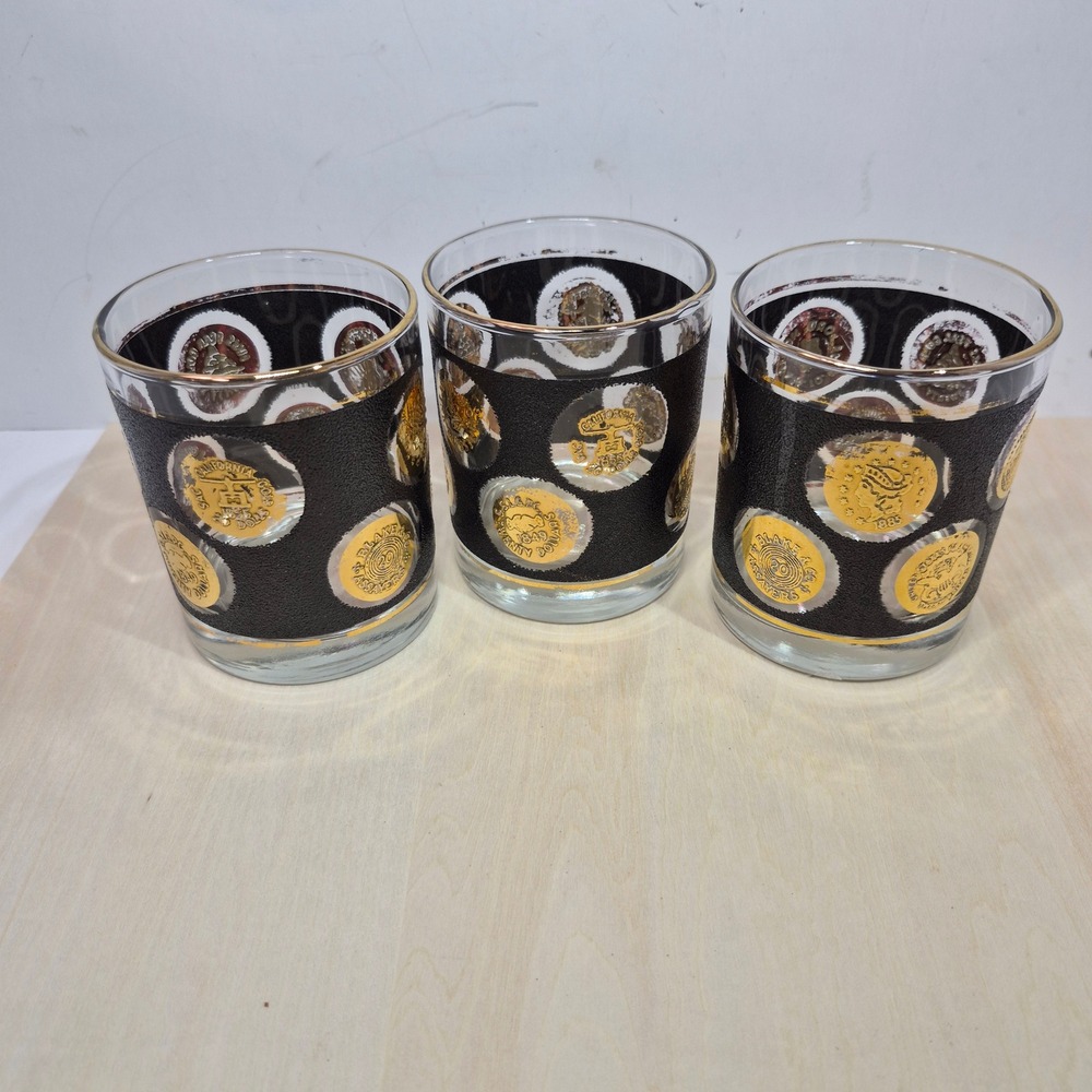 Vintage Gold Coin‎ Rocks Glasses Black Sand Crust Textured Barware Set of 3